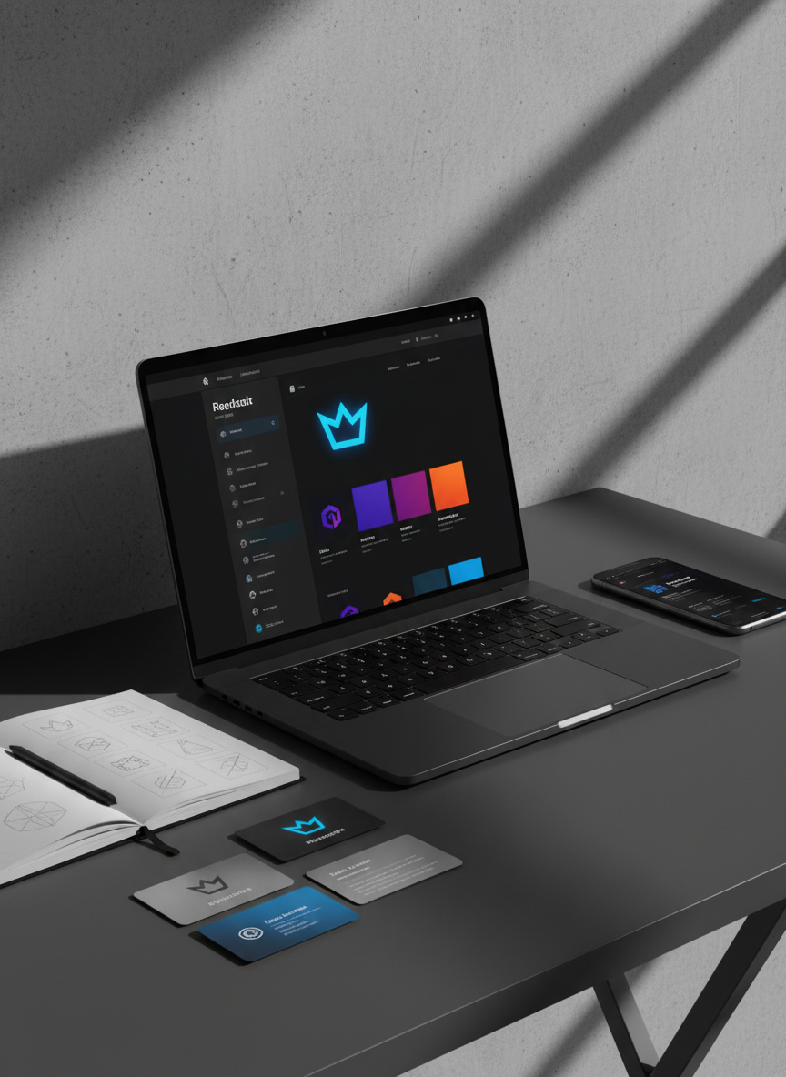 A sleek, midnight-black laptop with a glowing neon-blue logo shaped like an abstract crown, open on a matte graphite desk. The screen shows a bold, minimalist dashboard of brand assets: vivid logos, color swatches, and sharp typography on a dark interface. Around it lie a neatly arranged sketchbook with geometric logo drafts, metallic business cards with embossed foil, and a subtle, glossy phone displaying a clean website mockup. Shot in photographic realism with strong side lighting from the right, casting crisp, angular shadows across a minimalist concrete wall background. Low, slightly diagonal camera angle emphasizes power and focus, creating a bold, high-impact atmosphere that reflects cutting-edge brand management and web services.
