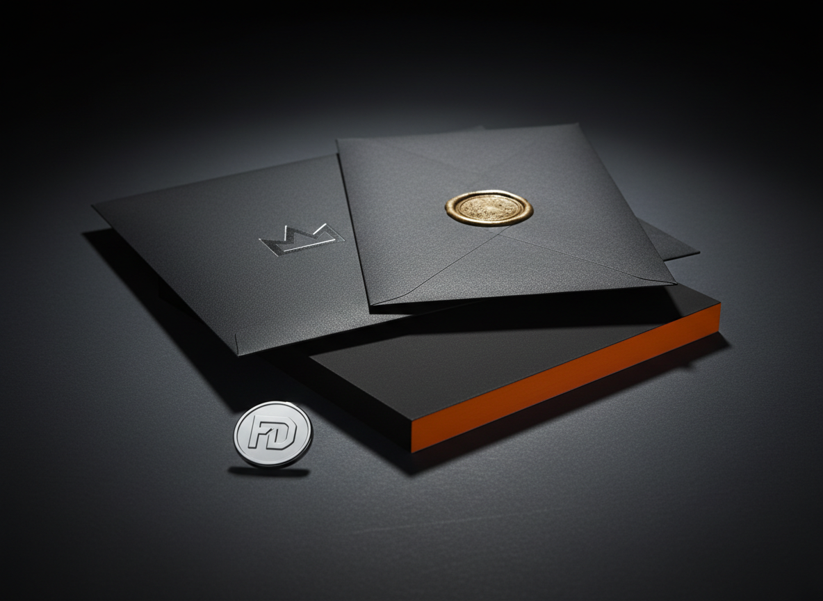 A bold composition of three stacked brand collateral items on a deep slate-grey surface: a thick, square business card with a neon-orange edge, a glossy presentation folder bearing a minimalist crown-like logo, and a dark envelope sealed with metallic wax. A small chrome badge engraved with “FD” rests in the foreground, catching the light. A single, intense spotlight from the upper left produces dramatic, razor-sharp shadows and bright highlights on edges and foil details. The background is a simple, unfocused dark gradient. Photographic realism with a low, slightly tilted angle creates a powerful, high-impact mood that communicates premium, fearless brand identity design.