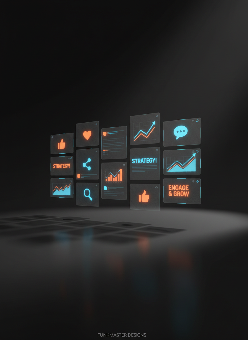 An abstract visualization of social media strategy shown as a grid of floating, translucent panels hovering above a matte black surface. Each panel displays sharp, colorful icons, engagement graphs, and bold posts in Funkmaster Designs’ signature palette of electric blue and vivid orange against deep charcoal. Strong directional light from the right carves out crisp shadows of the panels onto the surface, creating a sense of depth and motion. The background is a minimalist, softly blurred gradient from black to dark grey, keeping the focus on the content. Photographic realism with a cinematic, wide-angle composition gives a futuristic, high-energy impression of data-driven social media marketing.