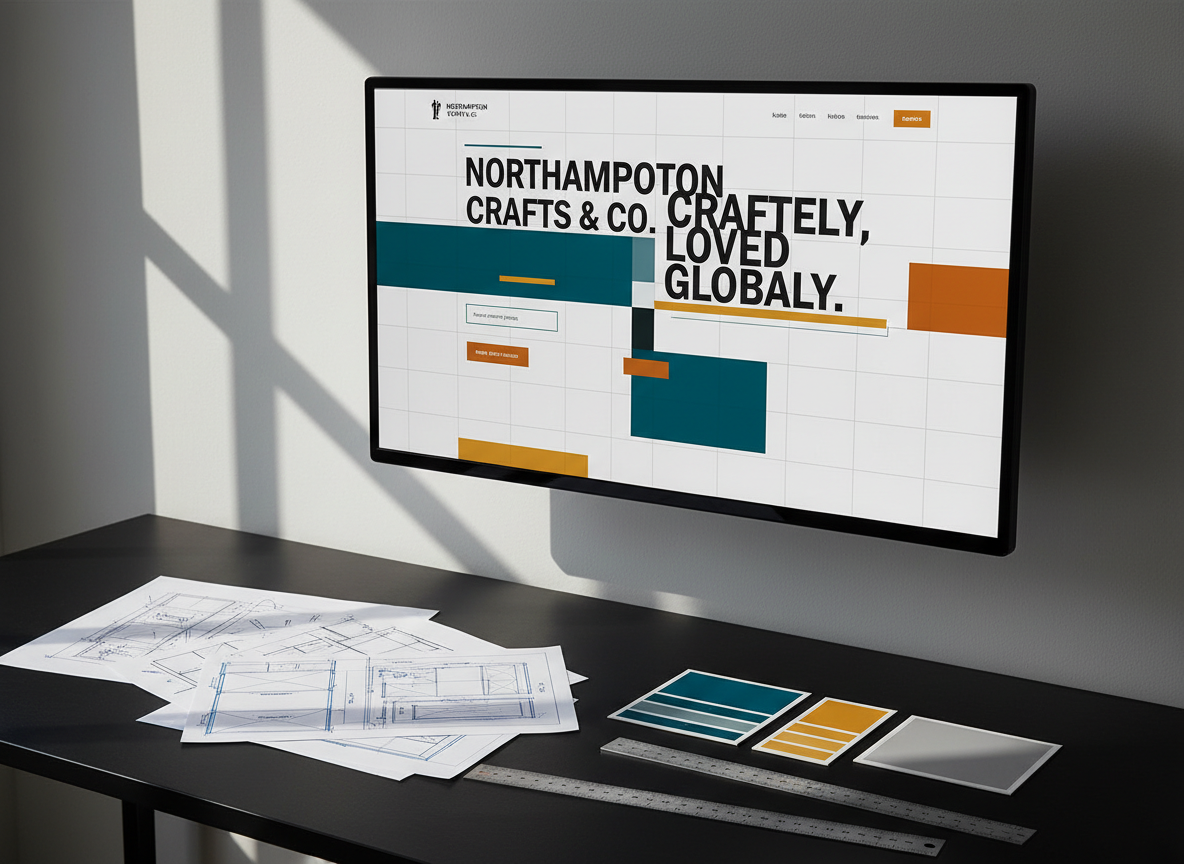 A dynamic composition of a bold website design in progress, displayed on a large, ultra-thin monitor set against a smooth, light-grey wall. The screen shows a Northampton small business homepage mockup with oversized typography, vivid accent colors, and strong grid lines. On the matte-black desk below, printed wireframes, color swatch cards, and a metal ruler form a precise, angular arrangement. Hard, directional light from the left slices across the scene, producing crisp, architectural shadows that emphasize structure and alignment. Photographic realism with a slightly elevated angle and sharp focus throughout, capturing the meticulous, high-impact web design work of a modern brand management studio.