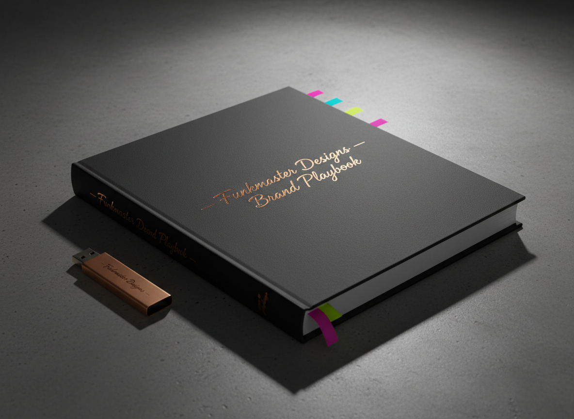 A close-up, eye-level view of a thick, matte-black brand strategy book titled “Funkmaster Designs — Brand Playbook” in metallic copper foil lettering, resting on a smooth concrete surface. Bright accent-colored page markers—cyan, magenta, and yellow—protrude from the edges, hinting at detailed sections. Beside it, a sleek USB drive with the same copper logo gleams under strong directional lighting from above-right, casting crisp, elongated shadows. The background is an unfussy gradient of dark to mid-grey, minimalist and industrial. Photographic realism with sharp focus on textures and fine details. The mood is authoritative and bold, suggesting a comprehensive, premium brand management process tailored for ambitious small businesses.
